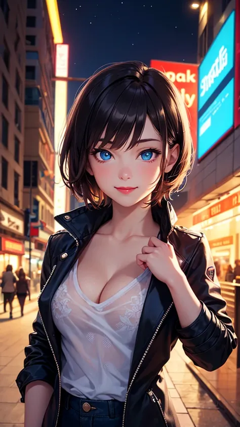 Top quality, realistic, night city, neon lights, backlit, upper body, focus on lips, (1 adult female), small breasts, short hair, shiny red lips, closed mouth, sexy pose, blue topaz eyes, slanted eyes, smiling face, cleavage, nylon jacket, detailed pattern...