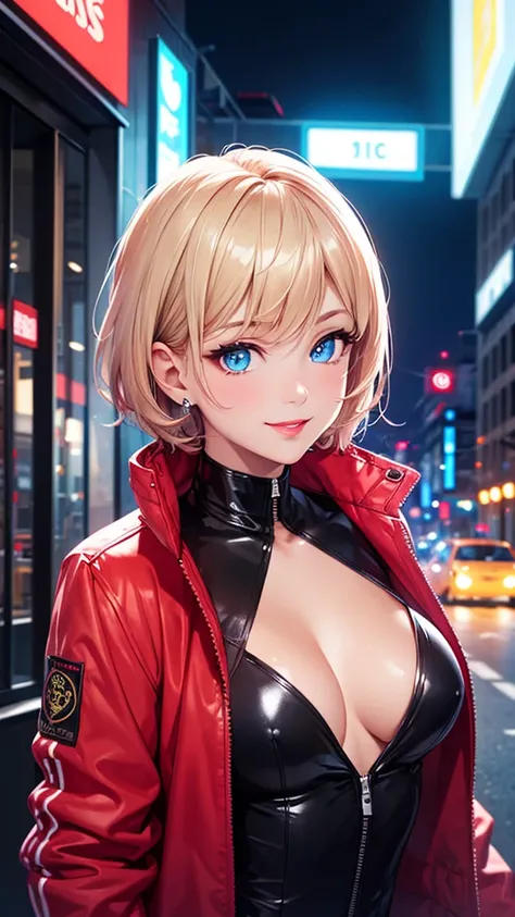 Top quality, realistic, night city, neon lights, backlit, upper body, focus on lips, (1 adult female), small breasts, short hair, shiny red lips, closed mouth, sexy pose, blue topaz eyes, slanted eyes, smiling face, cleavage, nylon jacket, detailed pattern...