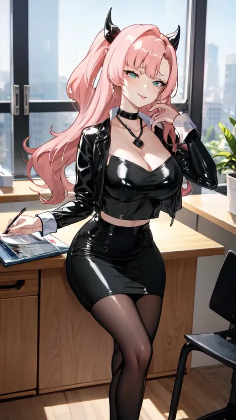 Nicole starts (1.5&oversize&pony) | Genless Zone Zero,latex clothes, collar shirt, pencil skirt, black pantyhose, ((office)),((company)),((Mesugaki)),