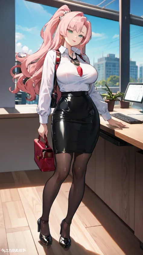 Nicole starts (1.5&oversize&pony) | Genless Zone Zero,latex clothes, collar shirt, pencil skirt, black pantyhose, ((office)),((company)),((Mesugaki)),