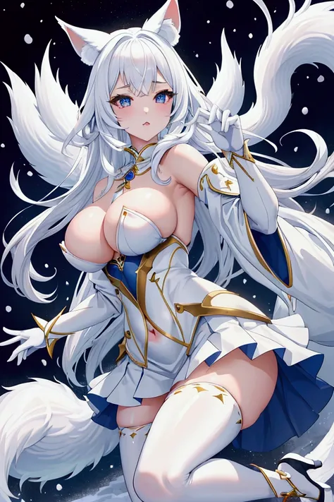 Highest quality, masterpiece, Ultra-high resolution, female、Big Breasts、Tied waist、White skin、Snow Fox Beastman、Kemomimi、tail、single、Clothing that accentuates the contours of the body、Short skirt、valley、fascinate