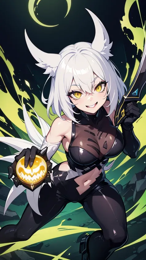 League of legends character riven in venom suit, white hair, yellow eyes, black suit, black bunny suit, venom suit, looking to the camera, smile, holding the camera, sexy body, tongue out, hentai face, hentai expression, hentai tongue, holding big sword, r...