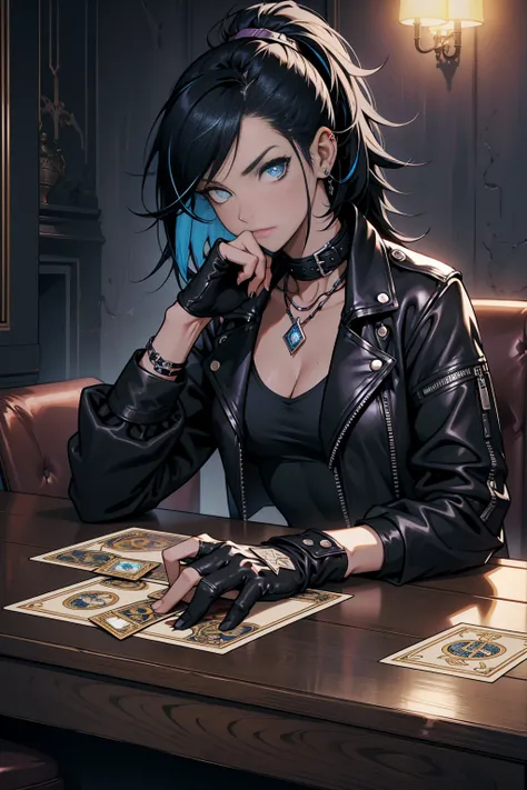 Goth girl, 1girl, solo, punk hair style, messy medium hair, black hair with a blue streak, blue eyes, clear skin, wearing make-up, medium breasts, wearing a black leather jacket, wearing a small white top, black fingerless gloves, holding a deck of tarot c...