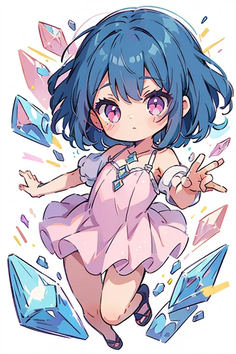 1 small girl, anime style, whole body, little, cute, short blue hair, pink eyes, pastel colors, stars, diamonds, white backgroun...