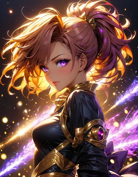 atmosfera oleosa sombria 4D style cat leona sexy picture of a grown-up magical girl sexy cute mature face hair afro red + gold with some puled up into a false ponytail girl is a beautiful dark black theme with glitter and sparkles perfect purple fire eye c...