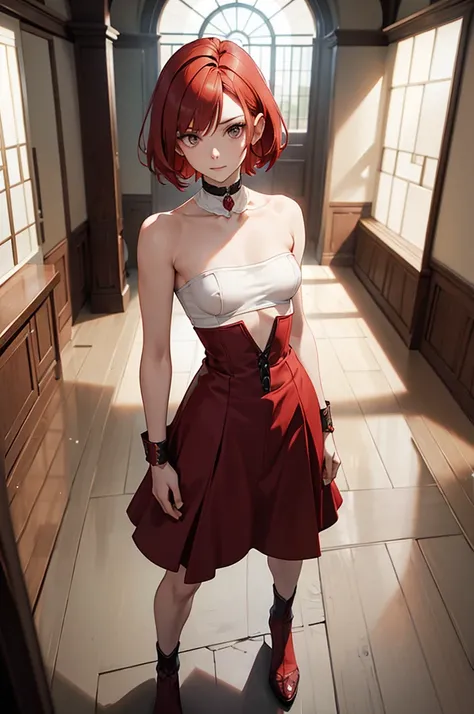 Will as a commoner, short bob "bright red" hair, brown eyes, slim body, slightly medium size-breast, slightly pointed ears dressed as a two piece cloth, personality joy, standing in a room, solo, detailed hands, high delicate defined details, sharp focus, ...