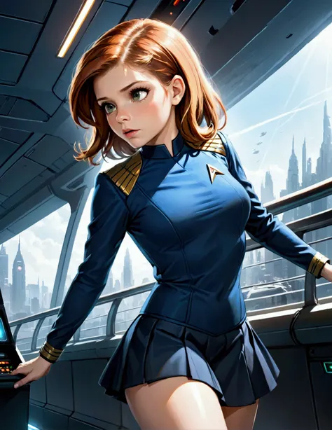 Kate Mara, age 25, short skirt Yeoman on the 60s Star Trek Enterprise. She is bringing a message to Captain Kirk on the bridge.
