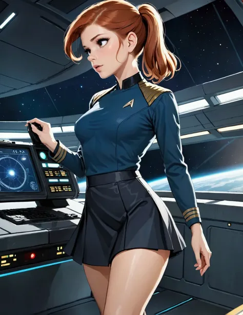 Kate Mara, age 25, short skirt Yeoman on the 60s Star Trek Enterprise. She is bringing a message to Captain Kirk on the bridge.
