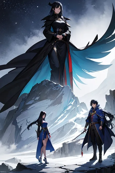 Woman, mage, long dark blue hair with, badass magician clothes, arcanist, mage black hat, sword, hot dress, with a big eagle
