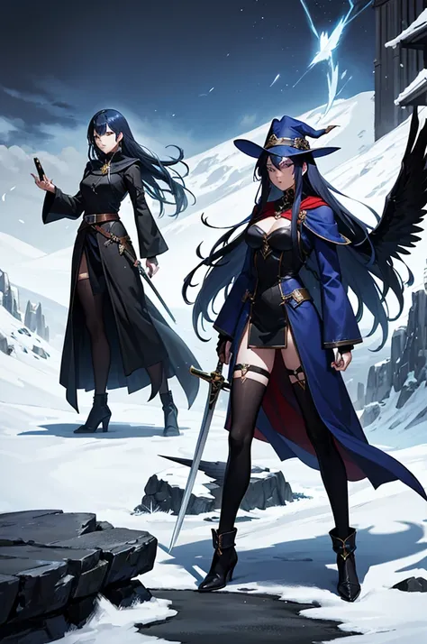 Woman, mage, long dark blue hair with, badass magician clothes, arcanist, mage black hat, sword, hot dress, with a big eagle
