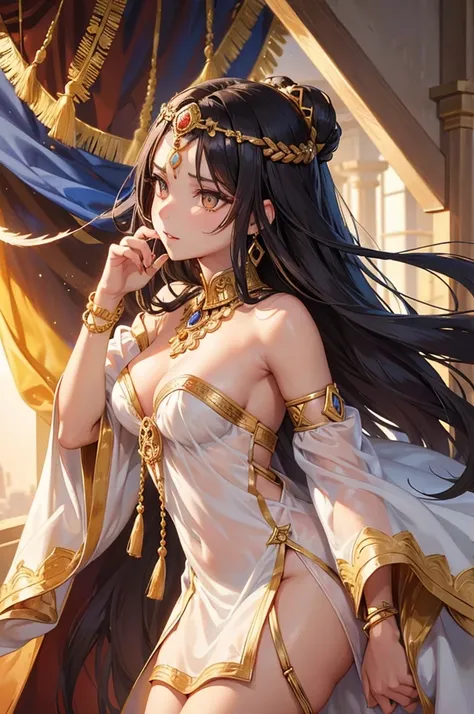 all intricate details, Sexy angle. Nefertari: It has an elegant and regal appearance. Her long, dark hair is braided with golden beads and adorned with ostrich feathers.. He wears a white linen tunic with gold embroidery and a royal blue linen cape.. Pheno...