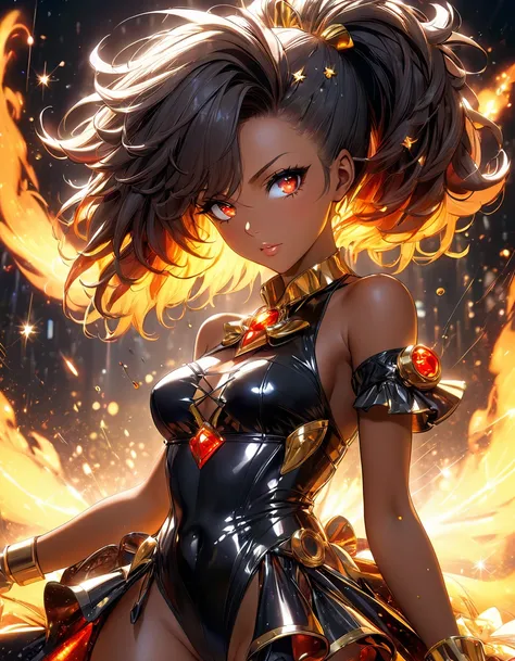 atmosfera oleosa sombria 4D style cat leona sexy picture of a grown-up magical girl sexy cute mature afro face hair afro black + red fire with some puled up into a false ponytail girl is a beautiful dark black theme with glitter and sparkles perfect silver...