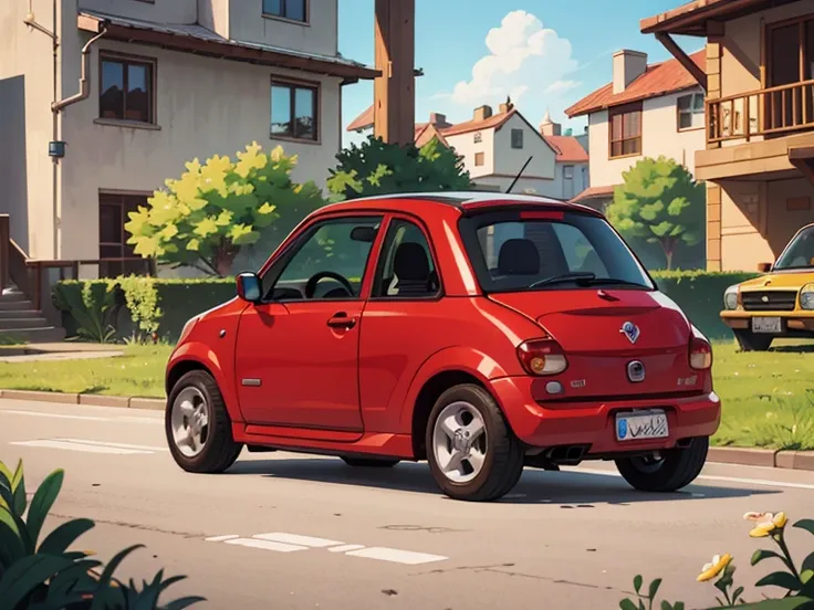 octane rendering、(hyper detail: 1.2)、(soft light、sharp: 1.2)、morning、countryside、a very small old red modified minicar，front spo...