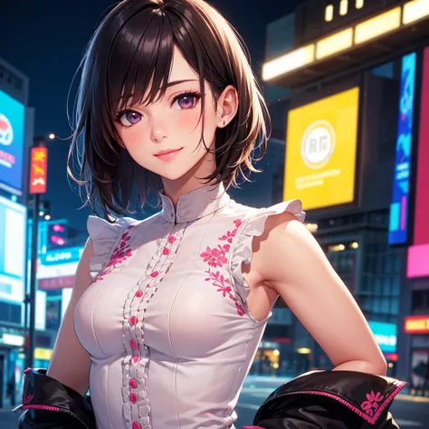 Top quality, realistic, night city, neon lights, backlit, upper body, focus on lips, (1 adult female), small breasts, short hair, glossy pink lips, closed mouth, sexy pose, slanted eyes, smiling face, detailed embroidery, sleeveless shirt, ruffles,