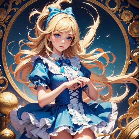 1girl, masterpiece, best quality, 8k, detailed skin texture, detailed cloth texture, beautiful detailed face, intricate details, ultra detailed, Alice in Wonderland, (a bow on her head:1.1), upper body, blonde hair, blue eyes, full body