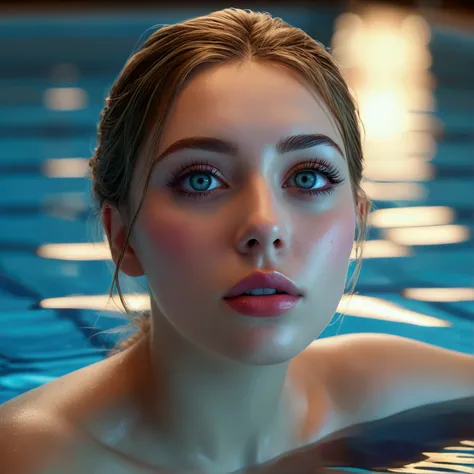 beautiful detailed eyes, beautiful detailed lips, extremely detailed eyes and face, long eyelashes, 1girl, woman with gigantic breasts, floating face-up, indoor swimming pool, surreal, dreamlike, vibrant colors, ethereal, mystical, glowing, cinematic light...