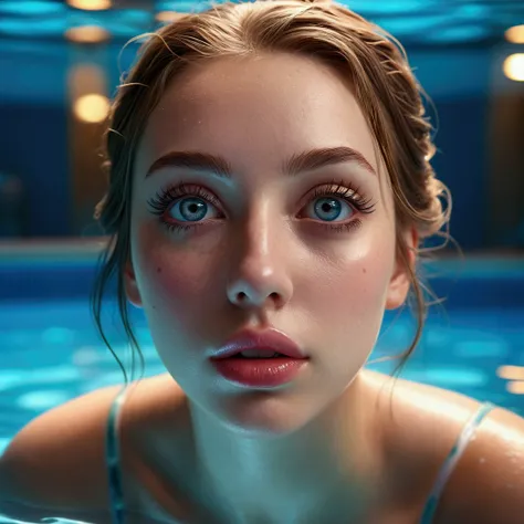 beautiful detailed eyes, beautiful detailed lips, extremely detailed eyes and face, long eyelashes, 1girl, woman with gigantic breasts, floating face-up, indoor swimming pool, surreal, dreamlike, vibrant colors, ethereal, mystical, glowing, cinematic light...