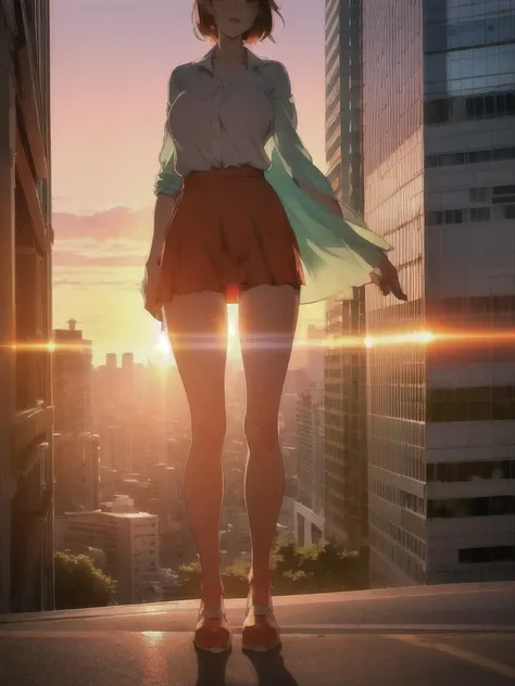 anime、(((Tokyo at sunset)))、One Woman、Short green hair、See-through blouse、Reddish orange tight skirt、Hair fluttering in the wind、Full body portrait、Skyscrapers can be seen in the distance、The light reflects off the hair、