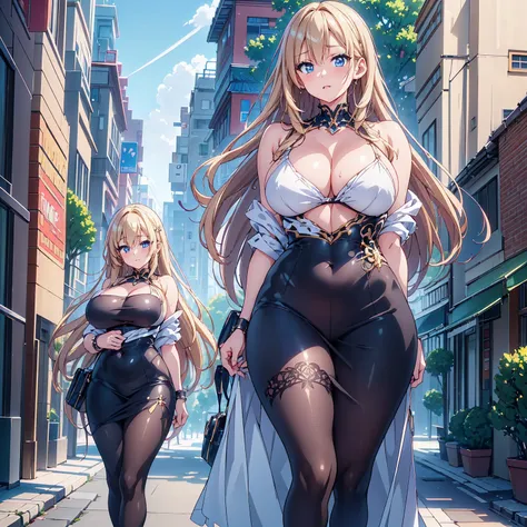 Anime Kawaii sexy Perfect Slim sensual body large breast and huge thighs, An intricate and highly detailed illustration of anime (Young girl) a beautiful young girl with long blonde hair, wearing a short dress, standing on a city street, gorgeous, high qua...