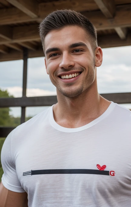 A handsome bodybuilder young man (20 years, atractive, cute smile, metal teeth braces,Profiled nose, thick lips, perfect face, huge biceps , t-shirt, veiny ) sexy,  at La Roque Gageac