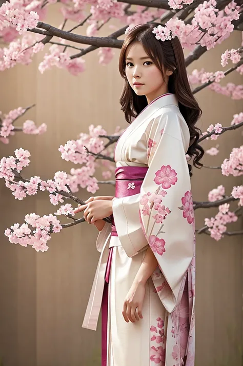 Pencil sketch concept artwork of brown haired girl in a kimono white in color and has pink flowers on branches as artwork. She also has two katanas. 