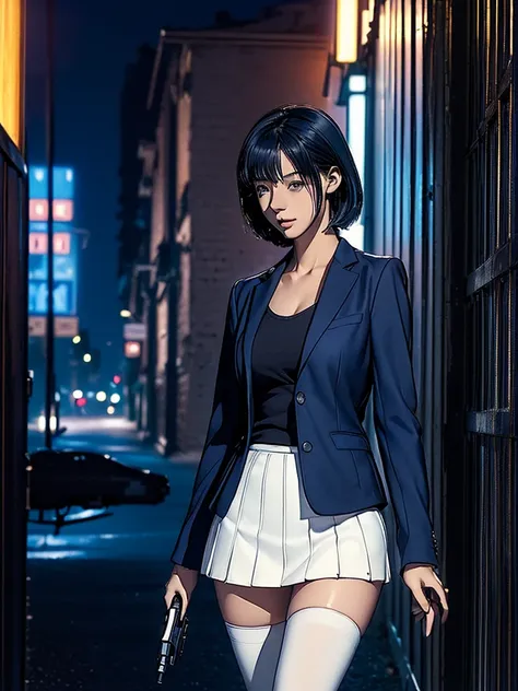 ((masterpiece,best quality,detailing,(depict the background、The background is Manhattan at night with a dimly lit back alley outdoors.)、1woman solo,female police officer、20 year old beauty、dark blue hair,short  hair,blue eyes,ideal ratio body proportions,s...