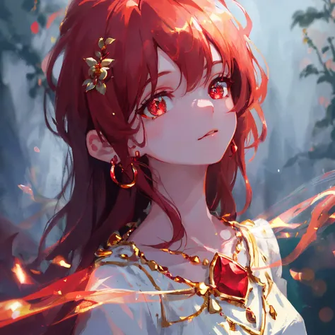 1 girl masterpiece, highest quality, shape, Ruby eyes and hair, Ruby earrings, Ruby necklace, flame, fire fairy, cute, (dynamic lighting:1.2), cinematic lighting, delicate features, fine eyes, sharp pupils, realistic student, written boundary depth, Bokeh,...