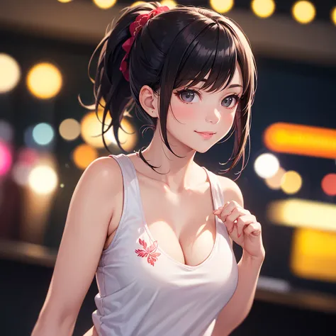 Top quality, realistic, depth of field, bokeh, red black white theme, night city, neon lights, backlight, upper body, focus on lips, (1 adult female), small breasts, ponytail hair, glossy pink lips, closed mouth, sexy pose, walking, slanted eyes, smiling, ...