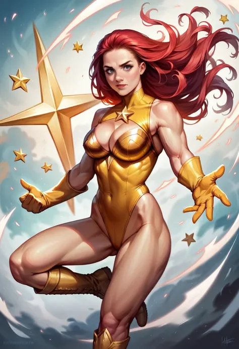 masterpiece, Sexy Superheroine, red hair, long hair, busty, blue highleg leotard with a t-back thong and a gold star insignia on chest, gold boots, gold gloves, Cleavage Cutout, photorealistic, 8k, hyper detailed, cinematic lighting, dramatic pose, dynamic...