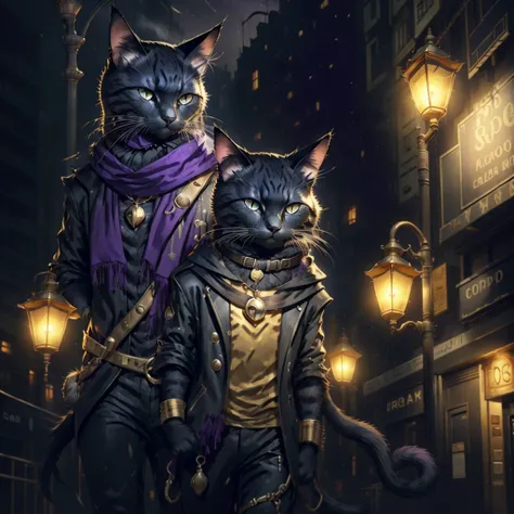 Black cat, purple eyes, gold earrings, gold wrist bands, black mist arpund cat, black fog coming from cat, city streets, night time, lamp light