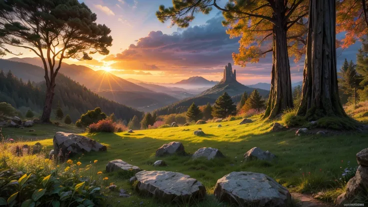 fantasy fairytale very tall dark wizards tower in a valley with huge dramatic mountains towering in the distance,autumn,large ornamental lawns, rocks plants flowers shrubs trees moss lawns grass redwoods,sunset storm and strong sunbeams,very hazy,extreme d...