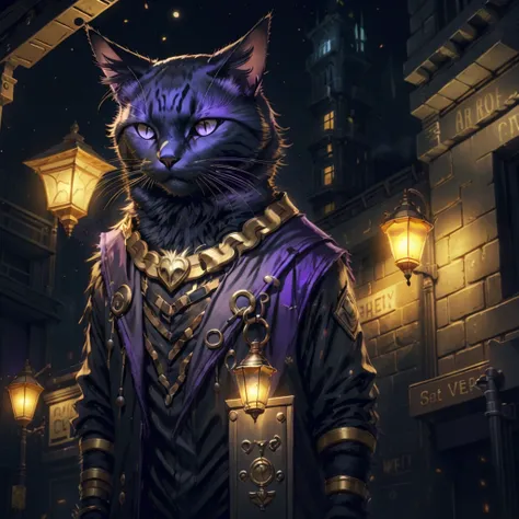 Black cat, solo, 1male, purple eyes, gold earrings, gold wrist bands, black mist arpund cat, black fog coming from cat, city streets, night time, lamp light