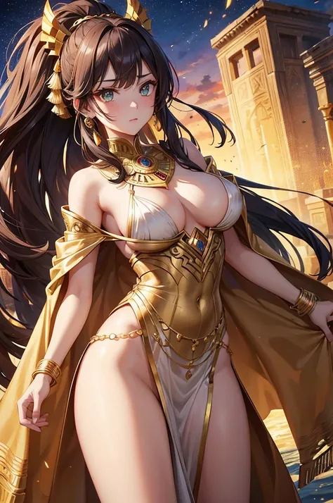 all intricate details, Sexy angle, 3 girls view. Nefertari: It has an elegant and regal appearance. Her long, dark hair is braided with golden beads and adorned with ostrich feathers.. He wears a white linen tunic with gold embroidery and a royal blue line...