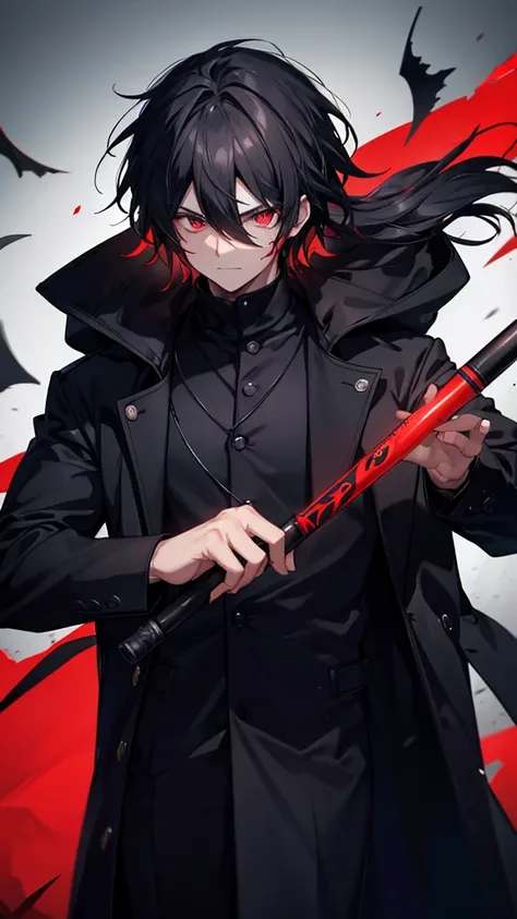 1 men, black overcoat, Eyes red, blackquality hair, Youngh, scars in the face, black hood holding a metal bat