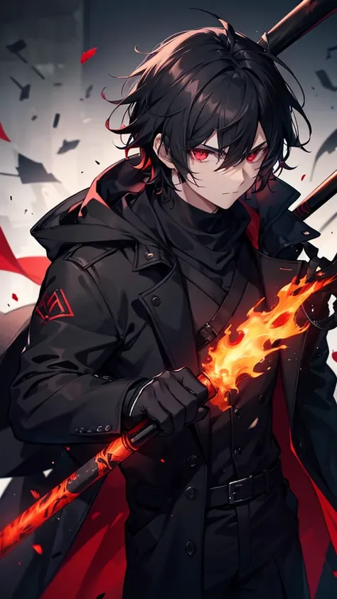 1 men, black overcoat, Eyes red, blackquality hair, Youngh, scars in the face, black hood holding a metal bat