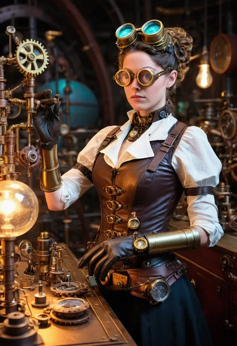 Cinematic photo of Elizabeth ohlsen as a magical inventor in a steampunk laboratory. She is dressed in an intricate, steampunk inventor outfit with a leather corset, brass goggles, and a utility belt filled with gadgets. Her outfit includes a mechanical ar...