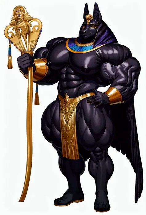 solo, male, Anubis, egyptian god, raven black fur, hyper penis, hyper balls, , detailed face, detailed eyes, hyper muscles, hyper pecs, thick thighs, standing, plain background, by boosterpang