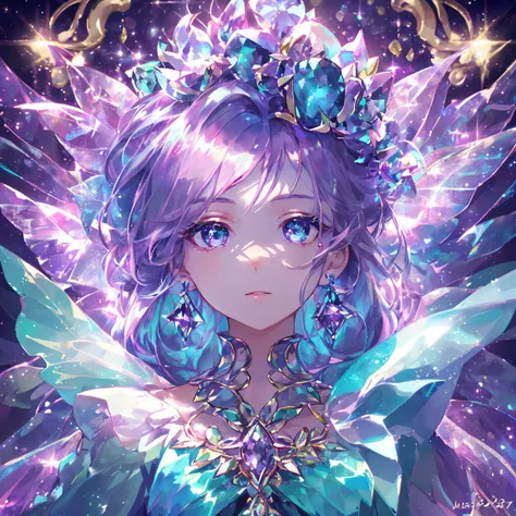 1 girl masterpiece, highest quality, shape, alexandrite eyes and hair, alexandrite earrings, alexandrite necklace,fairy, cute, (dynamic lighting:1.2), cinematic lighting, delicate features, fine eyes, sharp pupils, realistic student, written boundary depth...