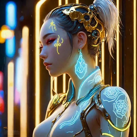 neon, 发光的neon, Cyberpunk Girl Profile，whole body像，Golden Light，Golden Raindrops，Blood stains the earth，Blue and white porcelain texture, (身体彩虹色neon轨迹形成:1.3)，Surreal，Fantasy，amazing，vision，whole body