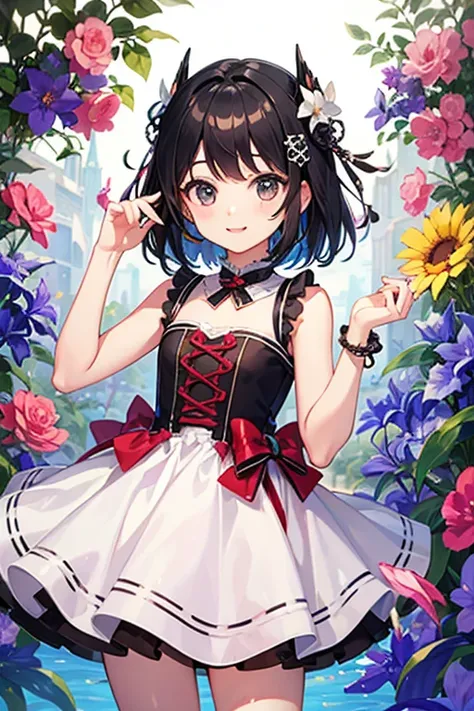 Highest quality、Black Hair、Iris、short hair、girl、cute、16 years old、、Small hair ornament、1 person、Sleeveless dress、A happy look、