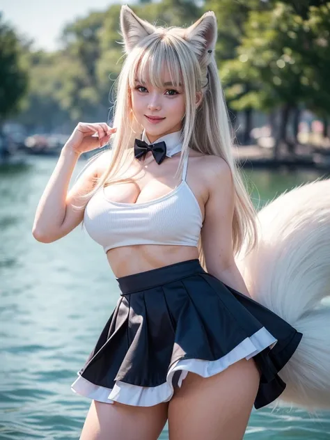 ((Highest quality, 8k)), ((masterpiece)), (Highest Resolution), Perfect Face, Fox Girl, high school girl, Beautiful woman, public, One tail, she has thick thighs, Big tail, She has a white  fox tail., She wags her tail, smile, Fur collar, She is wearing a ...