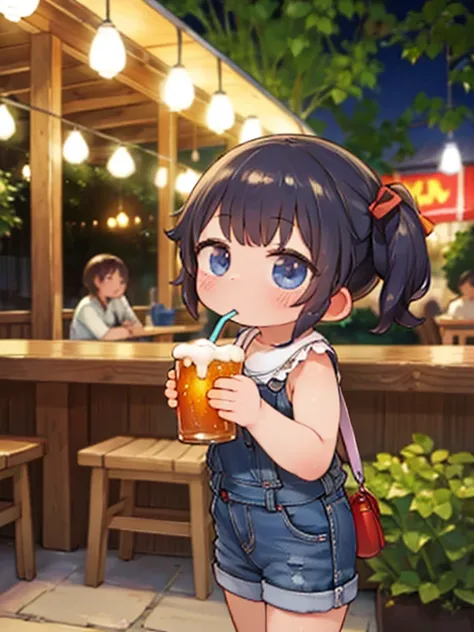 masterpiece，highest quality，highest resolution，small girl drinking beer in a beer garden at nightｏｌ，