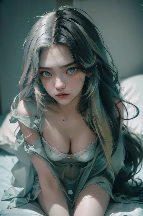 character, female, ((17 year old)),realistic (reality))), ((((1girl)))), long thick hair, wearing pastel green lingerie bikini, (( in bed.)) white silk sheets + pillow case [[ various pose]] (split-color hair, hair color slight Red mixed with black and pas...