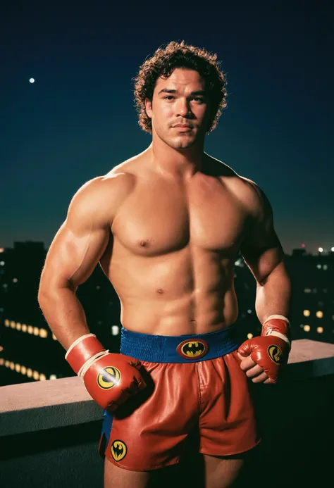 analog film photo, photo of a superhero, 21 years-old, curly dark hair, stubble, hairy chest, lots of body hair, sun-tanned skintone, muscular stocky physique, overweight, wearing a boxing trunks and hand wraps, posing on a neon-lit rooftop, nighttime, cyb...