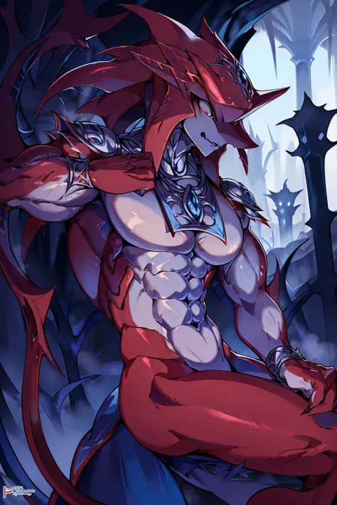 Red body,Blue hood,Slender and huge muscles,armor,Ready your spear,bulging muscles,Evil atmosphere,