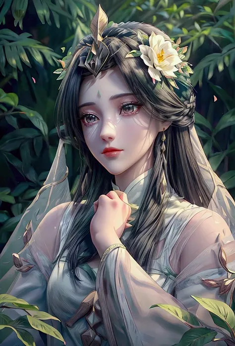 a girl in a beautiful garden, long black hair, big bright eyes, delicate facial features, elegant flower crown, flowing white dr...