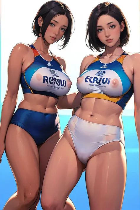 (Two Women),(Two beach volleyball players standing side by side:1.5),(Same beach volleyball team:1.5),(Beach volleyball high leg bikini:1.3),(Wearing the same thing:1.5),tight, (short hair:1.3),rest(whole body:1.5),(Beautiful Eyes),(Pretty face),(Very deta...