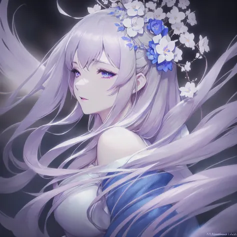 anime girl with long white hair and blue dress with white flowers, violet eyes., detailed fanart, [ artedigital 4k ]!!, highly d...