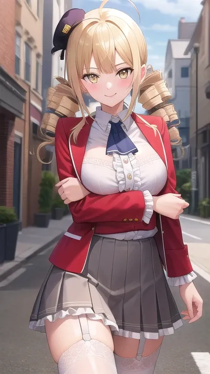 ((masterpiece)),(best quality),official art,extremely detailed CG,unity 8k wallpaper,ultra detailed,beautiful detailed eyes,extremely detailed face,street,1girl,solo,cowboy shot,looking at viewer,facing viewer,smile,reikadou ayame,red hat,mini hat,ahoge,lo...