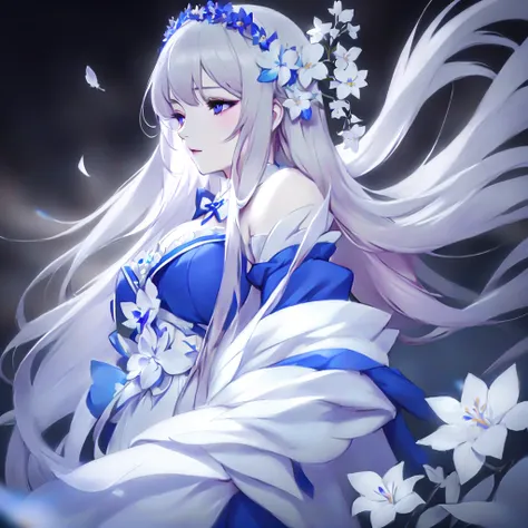 anime girl with long white hair and blue dress with white flowers, violet eyes., detailed fanart, [ artedigital 4k ]!!, highly d...